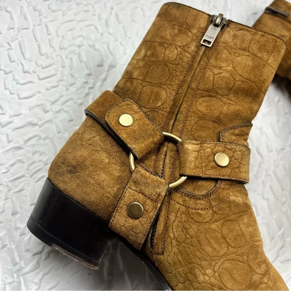 Saint Laurent Men's Wyatt Croc Embossed Harness Boots